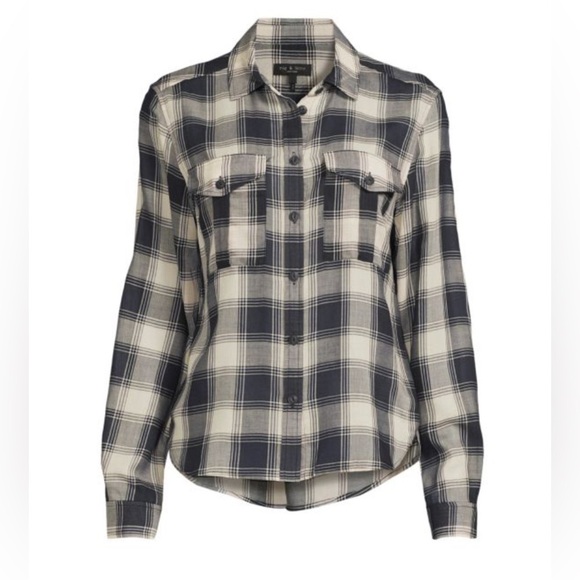 Rag & Bone Quinn Checked Button Down Shirt Small Navy cream - Picture 1 of 11